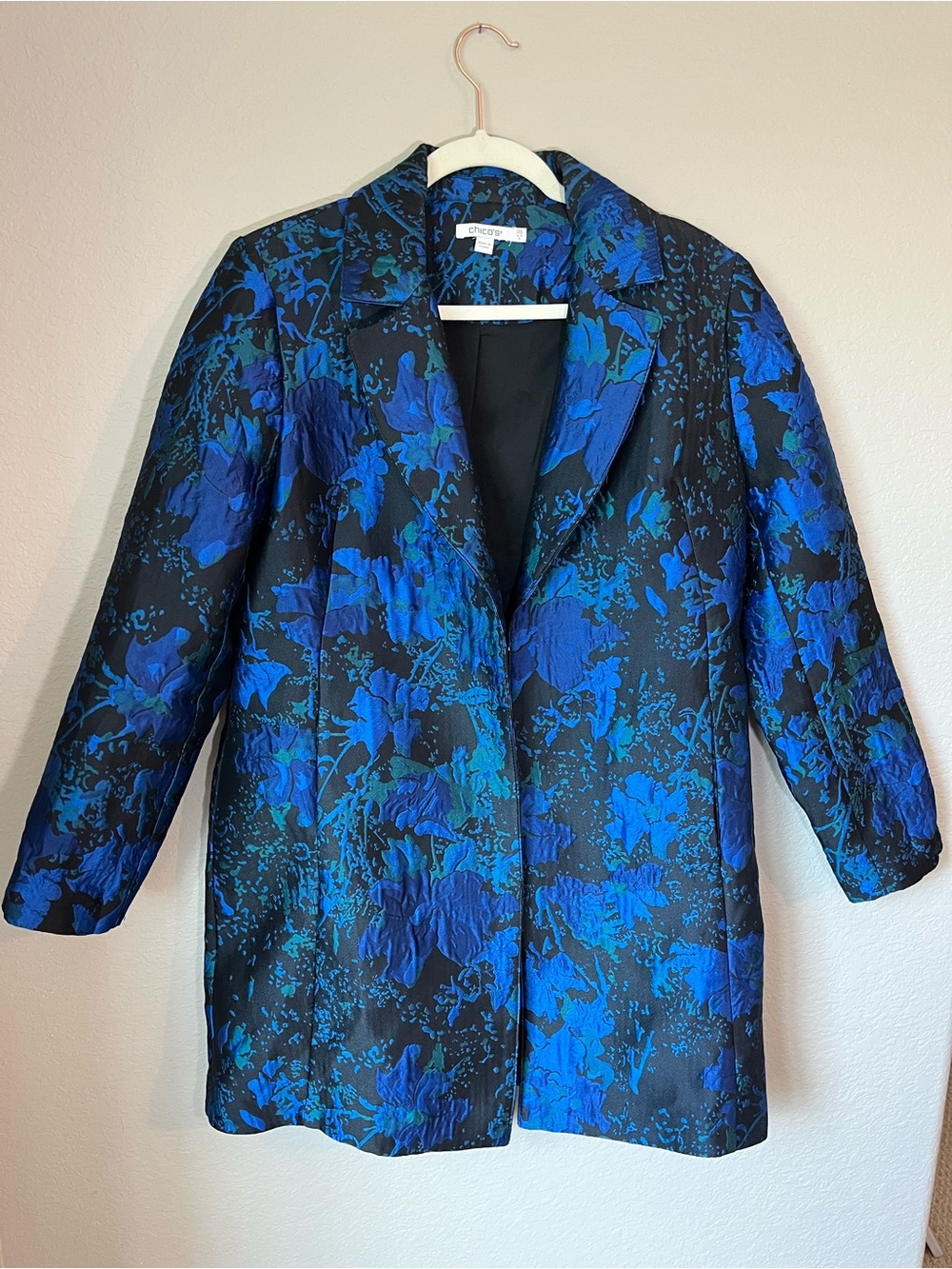 Chico's Blue Black Floral Jacquard Topper Jacket Sz 0.5 (US 5/6)